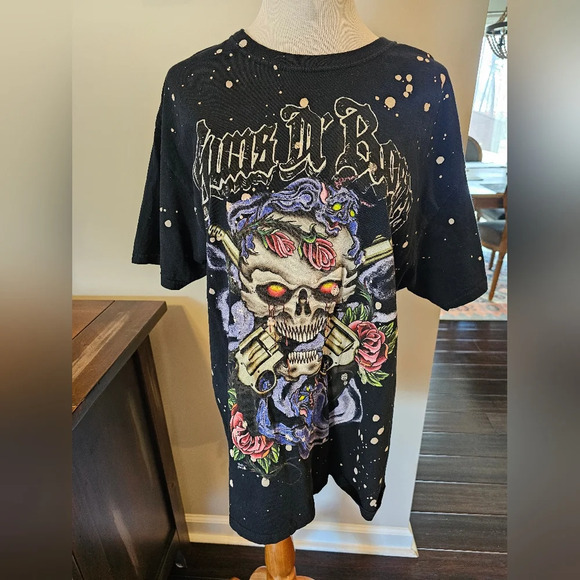 Guns N' Roses Skull Bleached Splatter Graphic Shirt •Size Large• Black Band Tee - Picture 1 of 7